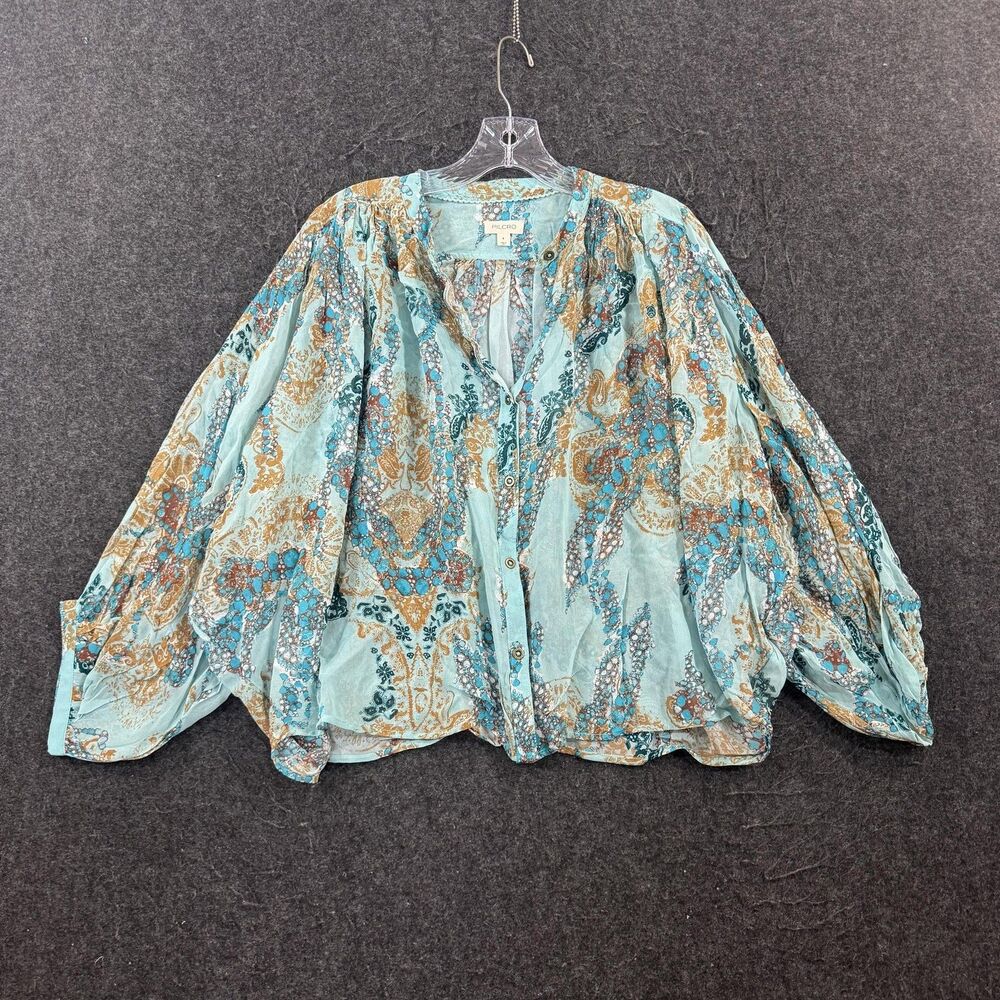 Pilcro Blouse Women's Small Blue Paisley V Neck Batwing Sleeve Button Top